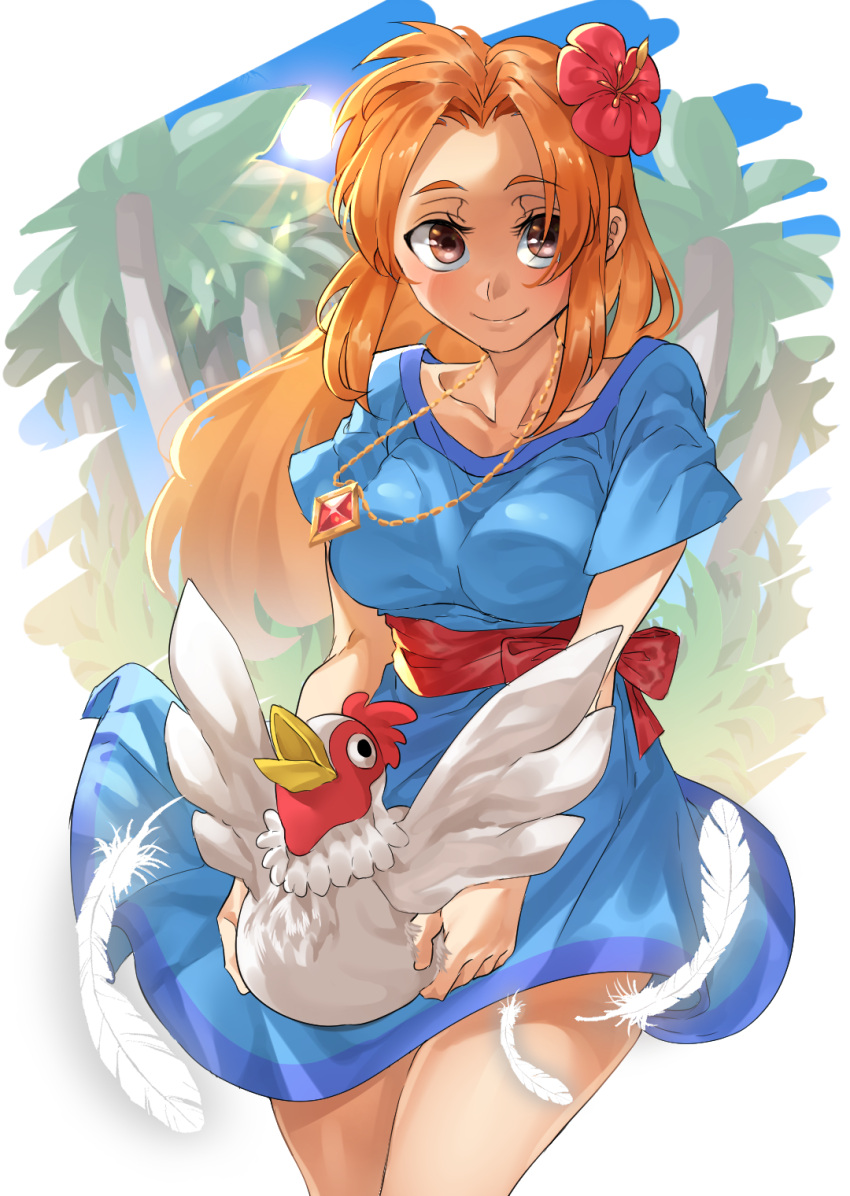 1girl, bangs, bird, blue_dress, blue_sky, breasts, brown_eyes, chicken