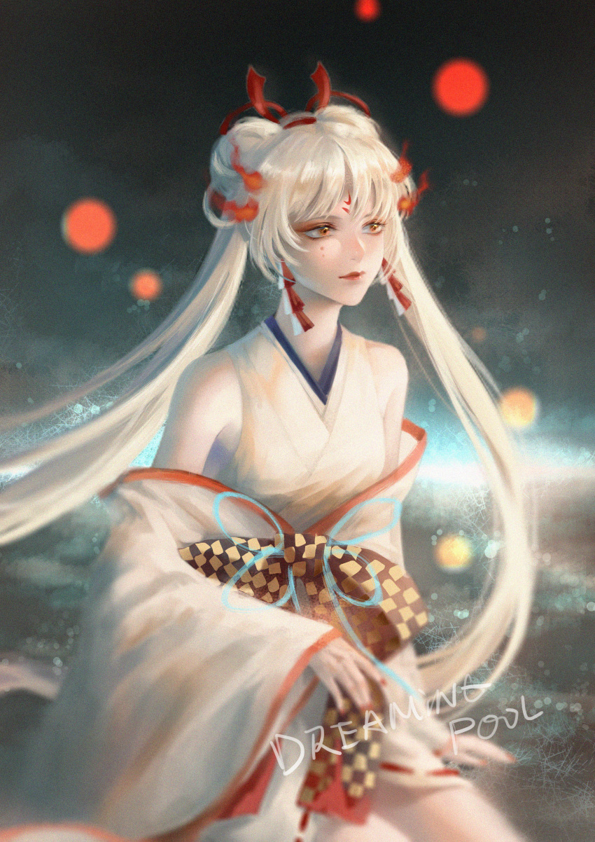 1girl, absurdres, artist_name, bangs, blurry, brown_eyes, dark_background, double_bun