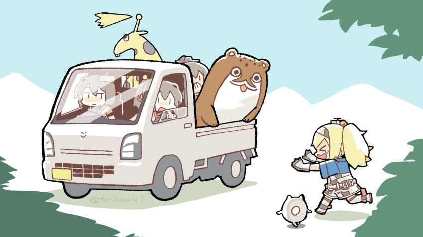 >_<, 3others, 4girls, belt, blonde_hair, blue_shirt, bokukawauso, brown_hair, chibi, collared_shirt, crying, driving, enemy_lifebuoy_(kantai_collection), gambier_bay_(kantai_collection), giraffe, ground_vehicle, hair_ribbon, highres, hyuuga_(kantai_collection), ise_(kantai_collection), kantai_collection, konno_akikaze, kumano_(kantai_collection), long_hair, motor_vehicle, multiple_girls, multiple_others, otter, ponytail, red_ribbon, ribbon, shirt, short_hair, shorts, suzuki, suzuki_carry, thigh-highs, truck, twintails, white_legwear, |_|