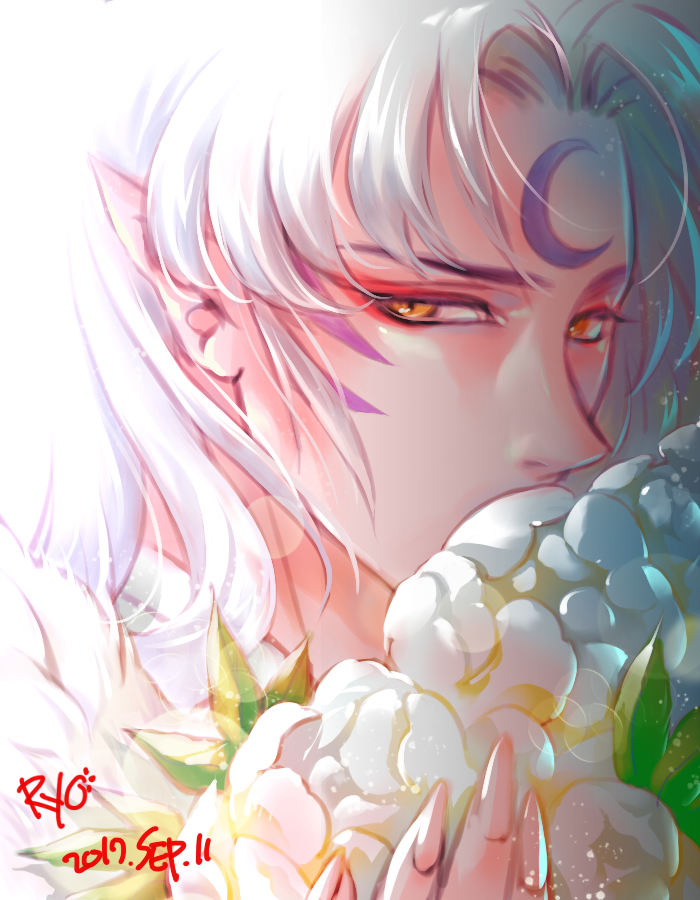 1boy, crescent, dated, face, facial_mark, fingernails, flower, forehead_mark