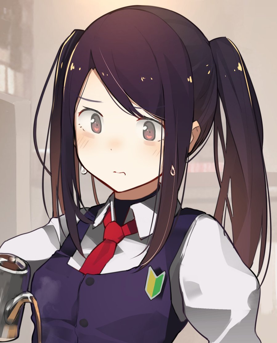 animal_ears, bangs, bar, bartender, blush, breasts, brown_hair, cafe