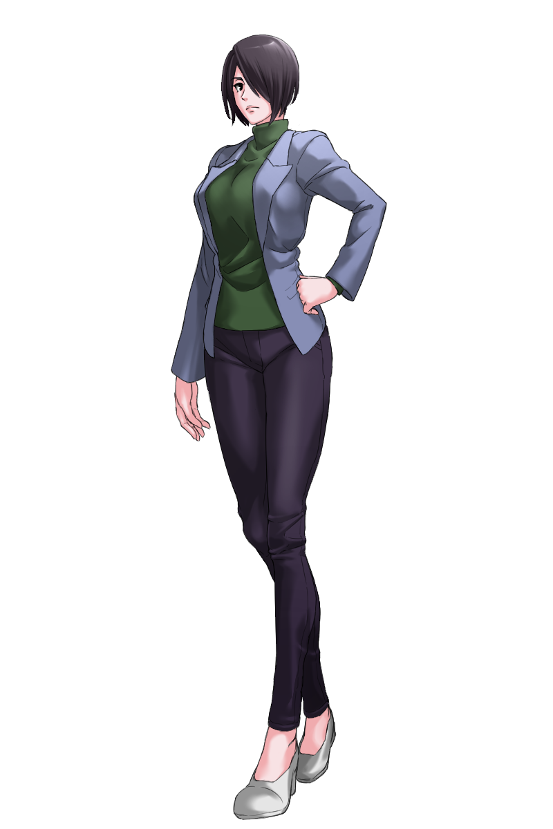1girl, akatsuki_blitzkampf, black_eyes, blazer, casual, full_body, green_sweater, hair_over_one_eye