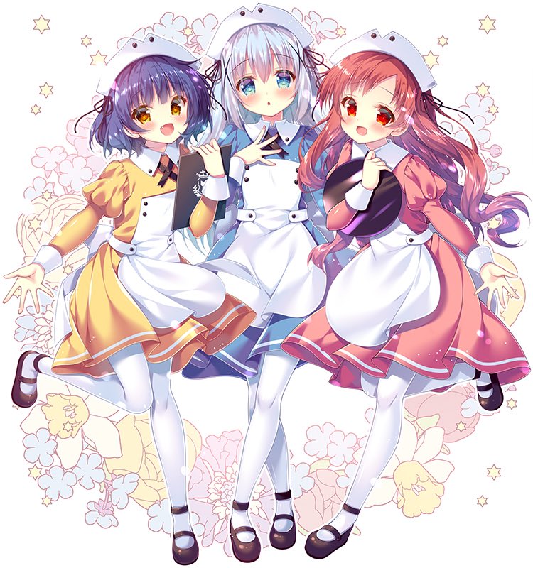 3girls, black_footwear, blue_eyes, blue_hair, blush, brown_eyes, eyebrows_visible_through_hair, fang