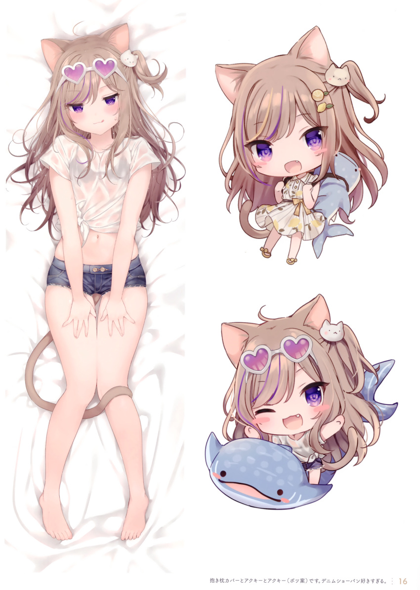 1girl, :p, :q, ;d, absurdres, animal_ears, breasts, cat_ears, cat_hair_ornament, cat_tail, chibi, dakimakura, denim, denim_shorts, eyewear_on_head, fang, full_body, hair_ornament, highres, leo_(mafuyu), light_brown_hair, mafuyu_(chibi21), navel, one_eye_closed, open_mouth, original, shirt, shorts, side_ponytail, small_breasts, smile, stuffed_animal, stuffed_fish, stuffed_toy, sunglasses, sweat, tail, tied_shirt, tongue, tongue_out, violet_eyes, wet, wet_clothes, wet_shirt