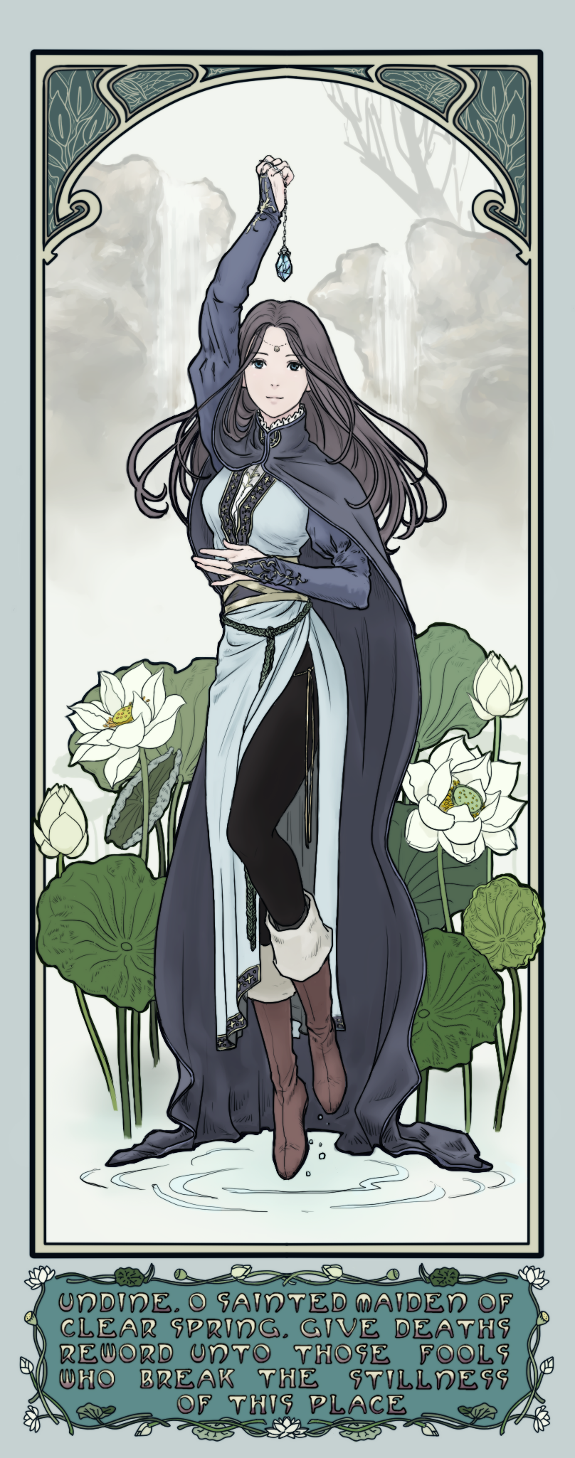 1girl, amulet, arm_up, art_nouveau, bangs, black_hair, black_legwear, blue_eyes