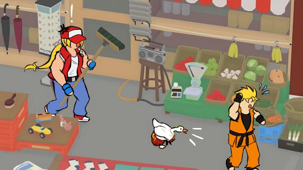 !, 2boys, anger_vein, animalization, bird, blonde_hair, broom, ccv, chasing, commentary, cosplay, dougi, english_commentary, faceless, fatal_fury, geese_howard, geese_howard_(cosplay), goose, long_hair, low-tied_long_hair, multiple_boys, parody, pun, ryou_sakazaki, terry_bogard, the_king_of_fighters, untitled_goose_game, vest