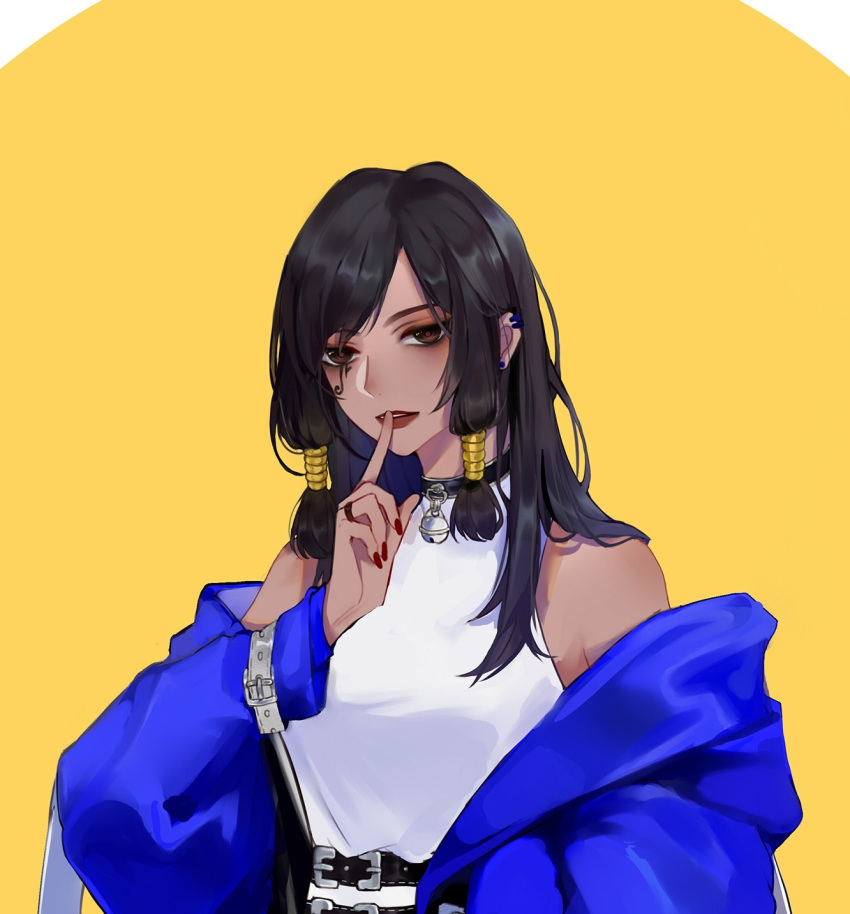 1girl, bell, bell_choker, belt, black_hair, blue_earrings, brown_eyes, casual