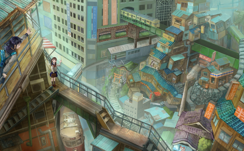 air_conditioner, awning, backpack, bag, black_legwear, blue_hair, blue_skirt, braid