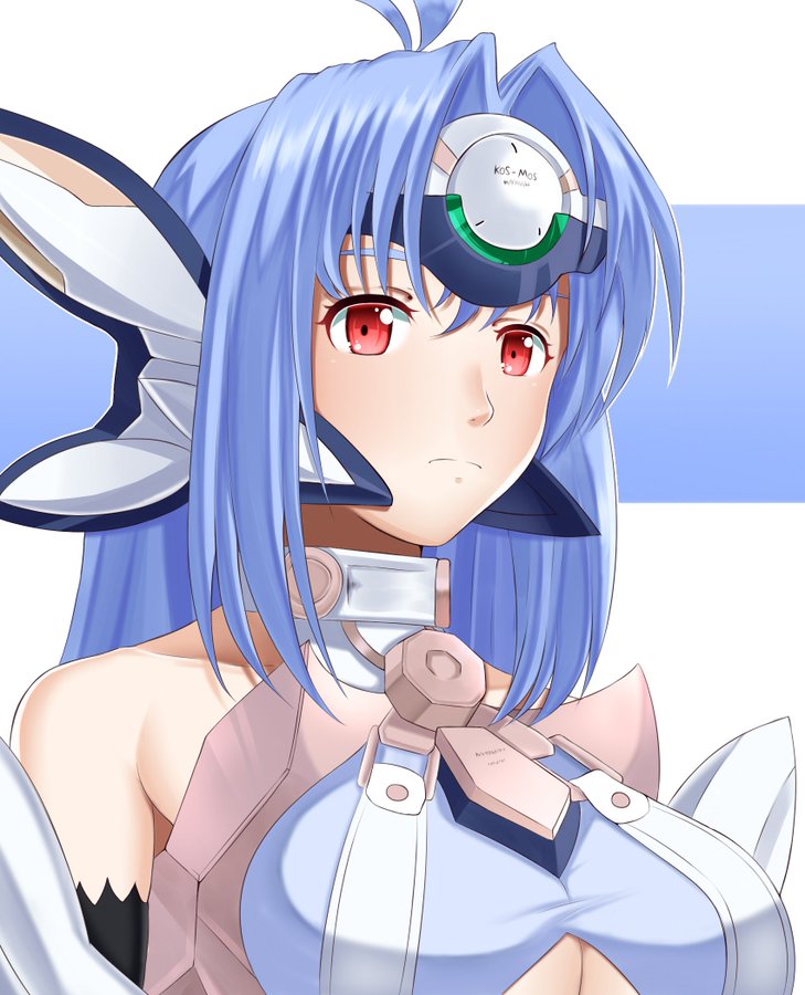 1girl, ahoge, android, arcedo, bandai, bandai-namco_entertainment, bare_shoulders, blue_hair