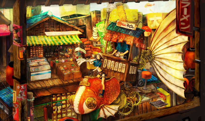 1boy, 1girl, aircraft, apron, awning, banner, blue_kimono, bowl