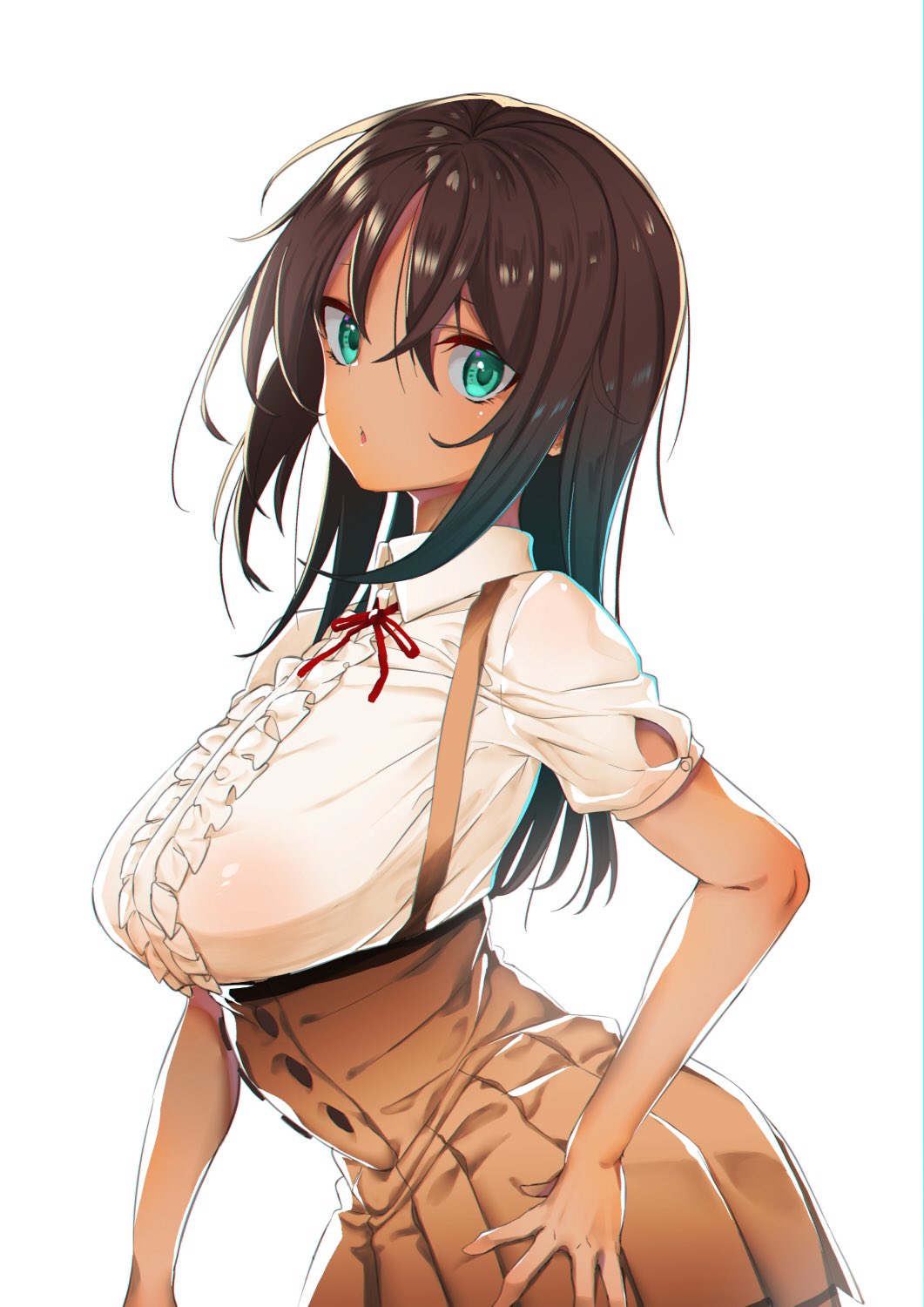 1girl, alice_gear_aegis, breasts, brown_hair, buttons, dark_skin, eyebrows_behind_hair, green_eyes