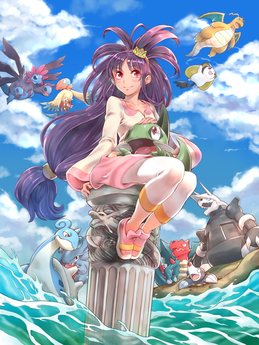 1girl, aggron, archen, axew, big_hair, closed_mouth, collarbone, commentary_request