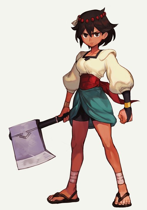 1girl, ajna_(indivisible), axe, bike_shorts, bracelet, bridal_gauntlets, brown_eyes, brown_hair