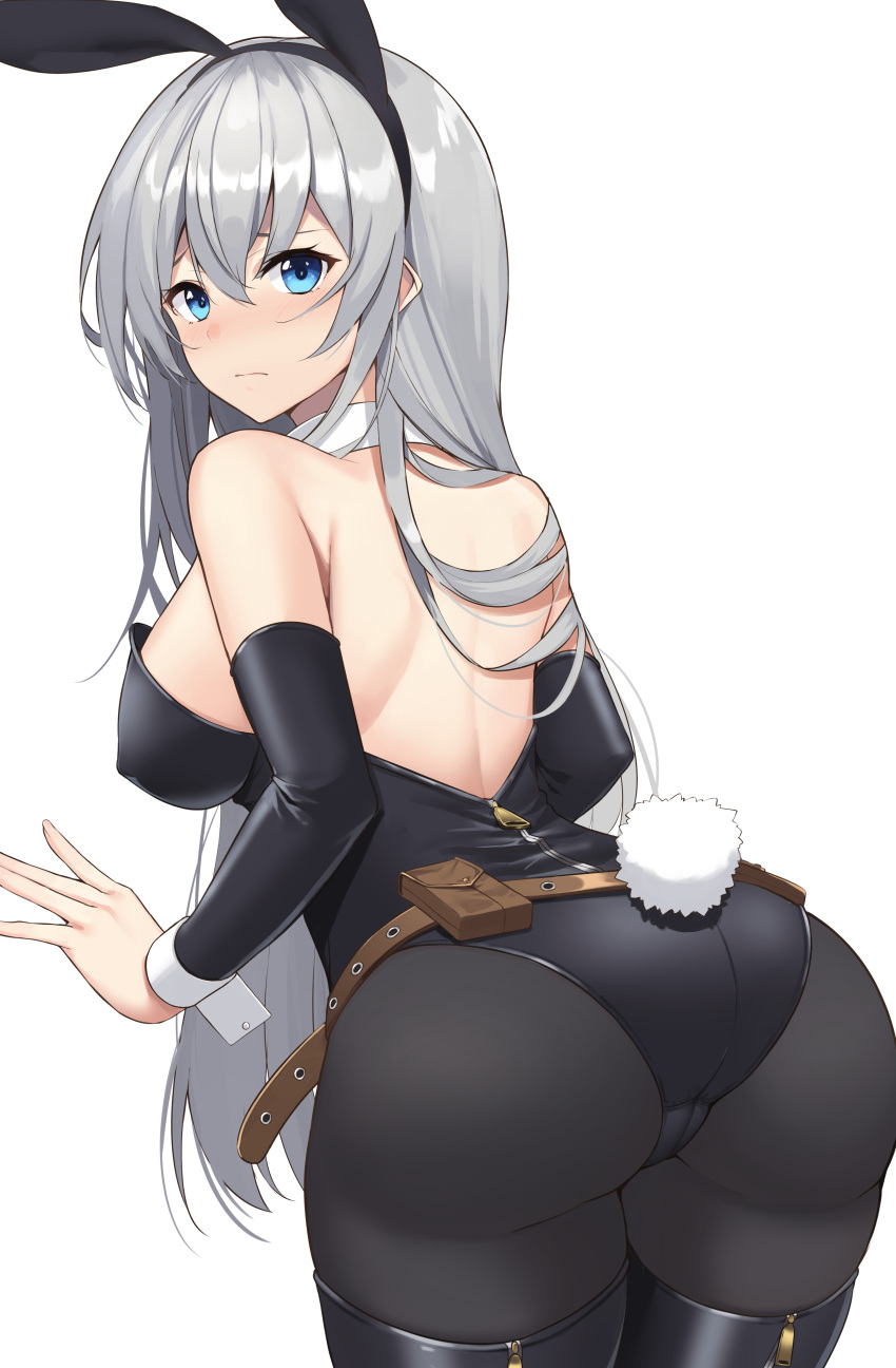 1girl, absurdres, animal_ears, ass, black_hairband, black_legwear, black_leotard, blue_eyes