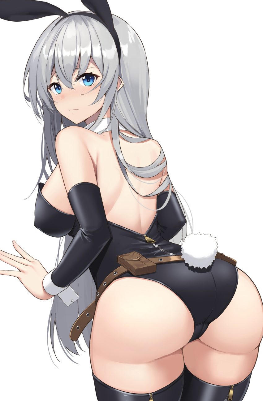 1girl, absurdres, animal_ears, ass, black_hairband, black_legwear, black_leotard, blue_eyes, breasts, bunny_girl, bunny_tail, bunnysuit, detached_collar, detached_sleeves, fake_animal_ears, grey_hair, hairband, highres, large_breasts, leotard, long_hair, original, phano_(125042), rabbit_ears, simple_background, solo, strapless, strapless_leotard, tail, thigh-highs, white_background, wrist_cuffs
