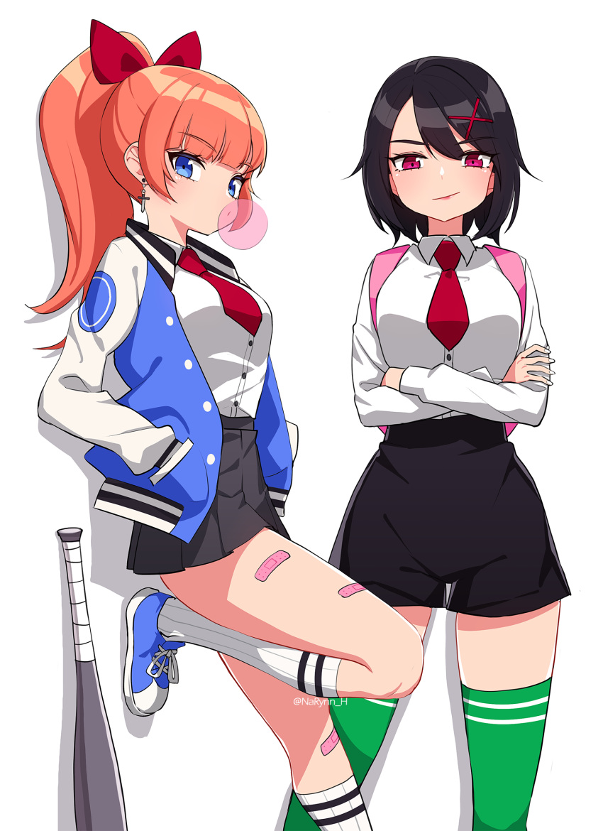 2girls, artist_name, bag, bandaid, bangs, baseball_bat, black_hair, blue_eyes