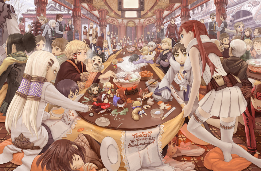 child, column, eating, food, hair_tubes, headphones, kotatsu, masakichi, mask, mouse, original, pillar, plate, school_uniform, serafuku, sleeping, snow, sukiyaki, table, tengu_mask, thigh-highs, thighhighs, twintails, waiter, waitress
