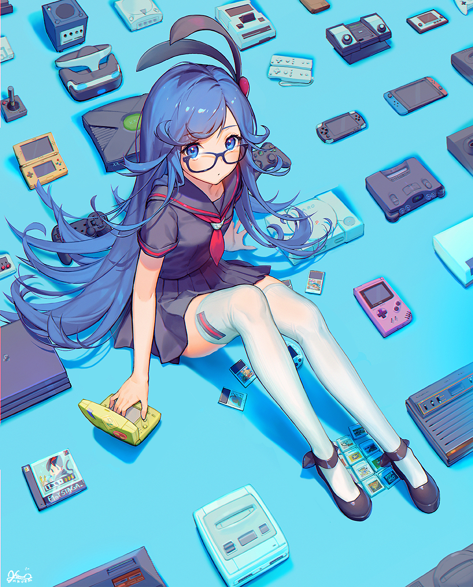 1girl, artist_name, atari, atari_2600, black_footwear, black_skirt, blue_eyes, blue_hair, controller, destiny_child, famicom, game_boy, game_console, game_controller, glasses, handheld_game_console, highres, kkuem, long_hair, looking_at_viewer, neckerchief, nintendo, nintendo_64, nintendo_ds, nintendo_switch, playstation, red_neckwear, signature, sitting, skirt, solo, sony, thigh-highs, very_long_hair, white_legwear, wii_remote
