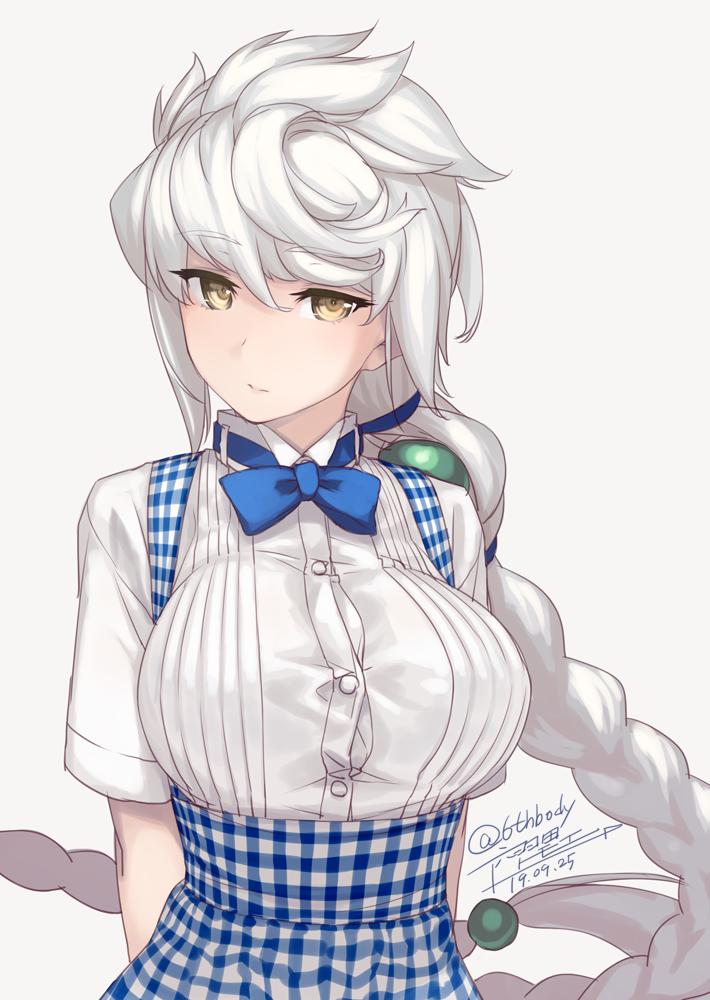 1girl, alternate_costume, apron, arms_behind_back, braid, breasts, buttons, commentary_request