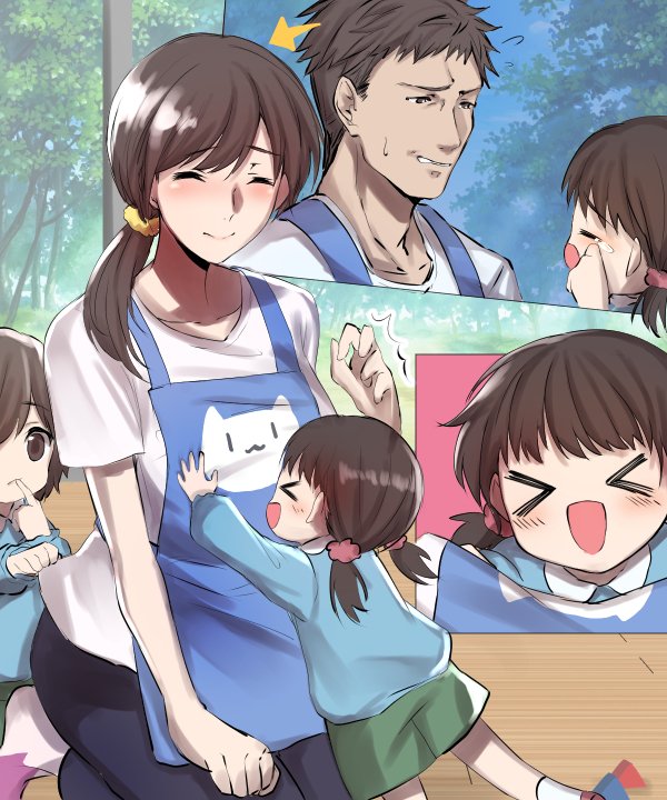 >_<, 1boy, 3girls, amulai, animal_print, apron, blue_shirt, blush, brown_hair, child, collarbone, genderswap, genderswap_(mtf), kindergarten_uniform, long_sleeves, original, school_uniform, scrunchie, shirt, shorts, side_ponytail, smile, tears, tree, wince