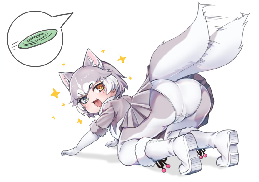 +_+, 1girl, :d, all_fours, animal_ear_fluff, animal_ears, ass, blue_eyes