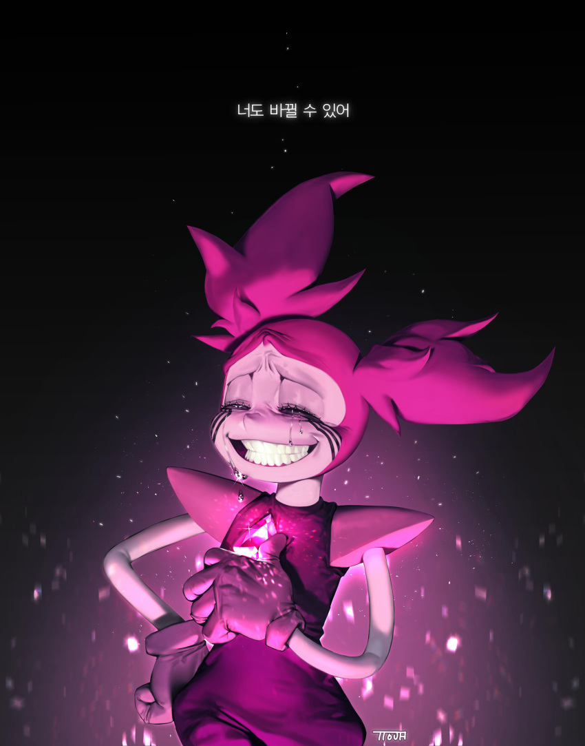 1girl, absurdres, chest_jewel, closed_eyes, crying, gloves, highres, pink_gloves