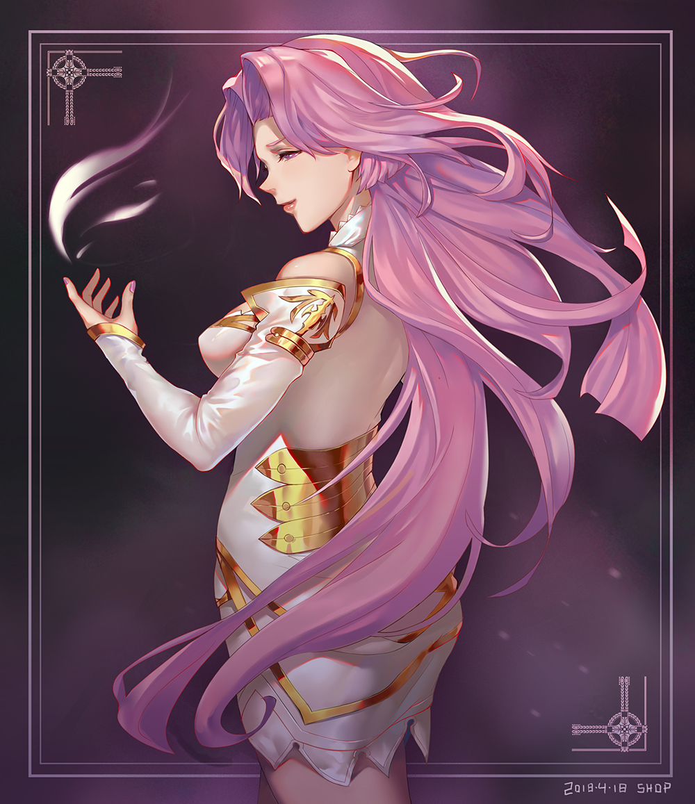1girl, artist_name, ass, bangs, bare_shoulders, breasts, commentary_request, copyright_request, dated, detached_sleeves, dress, from_behind, large_breasts, long_hair, pink_hair, pink_nails, shopp, smile, solo, white_dress, white_sleeves