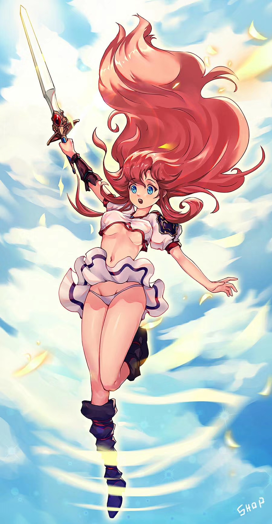 1girl, :o, artist_name, bangs, black_footwear, blue_eyes, boots, breasts, commentary_request, eyebrows_visible_through_hair, highres, holding, holding_sword, holding_weapon, langrisser, large_breasts, long_hair, navel, panties, redhead, shirt, shopp, short_sleeves, skirt, solo, sword, underwear, very_long_hair, weapon, white_panties, white_shirt, white_skirt