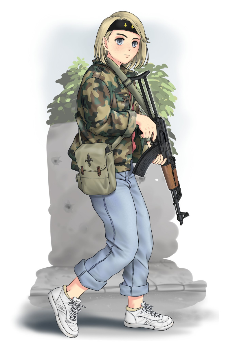 1girl, assault_rifle, bangs, black_headband, blonde_hair, bosnia_and_herzegovina, bush, camouflage