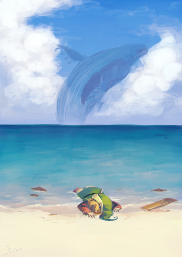 1boy, beach, blonde_hair, clouds, green_headwear, hat, koto_inari, link