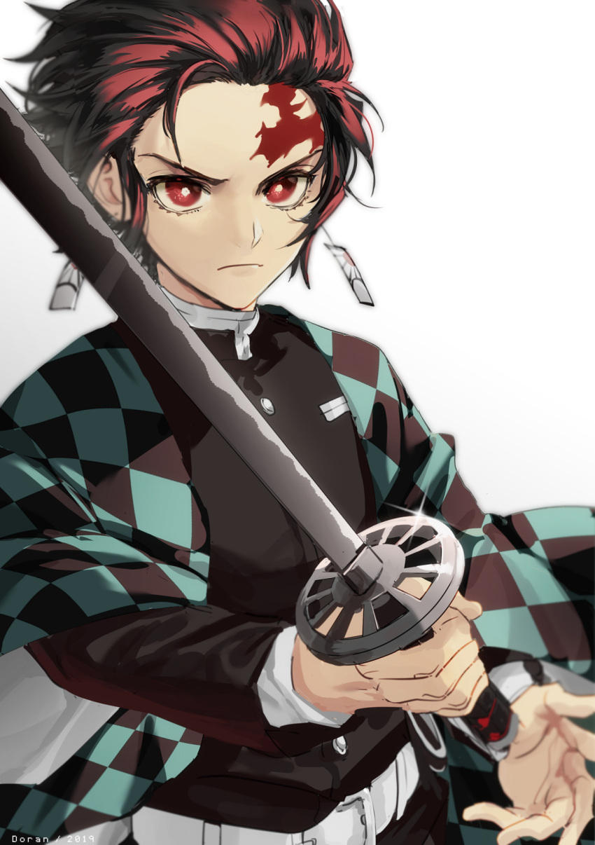 1boy, doran7280, earrings, hanafuda, haori, highres, holding, japanese_clothes, jewelry, kamado_tanjirou, kimetsu_no_yaiba, looking_at_viewer, red_eyes, redhead, scar, solo, sword, upper_body, weapon, white_background