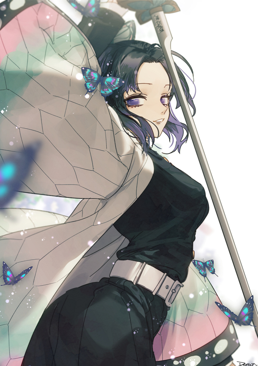 1girl, black_hair, cowboy_shot, doran7280, haori, highres, japanese_clothes, kimetsu_no_yaiba, kochou_shinobu, lips, looking_at_viewer, multicolored_hair, sidelocks, solo, sword, two-tone_hair, violet_eyes, weapon, white_background