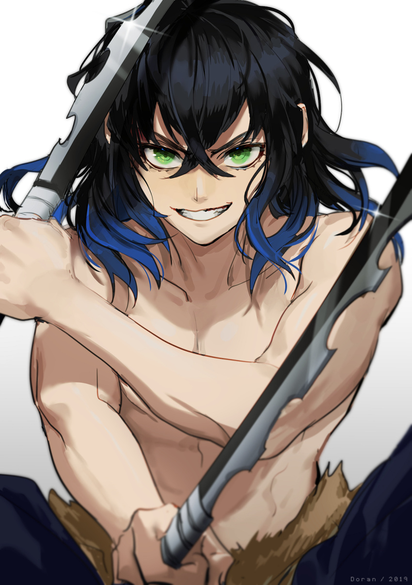 1boy, black_hair, doran7280, fur, green_eyes, grin, hashibira_inosuke, highres