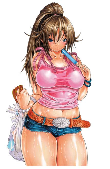 bag, belt, blue_eyes, blush, curvy, ichigo_100, kitaoji_satsuki, middriff