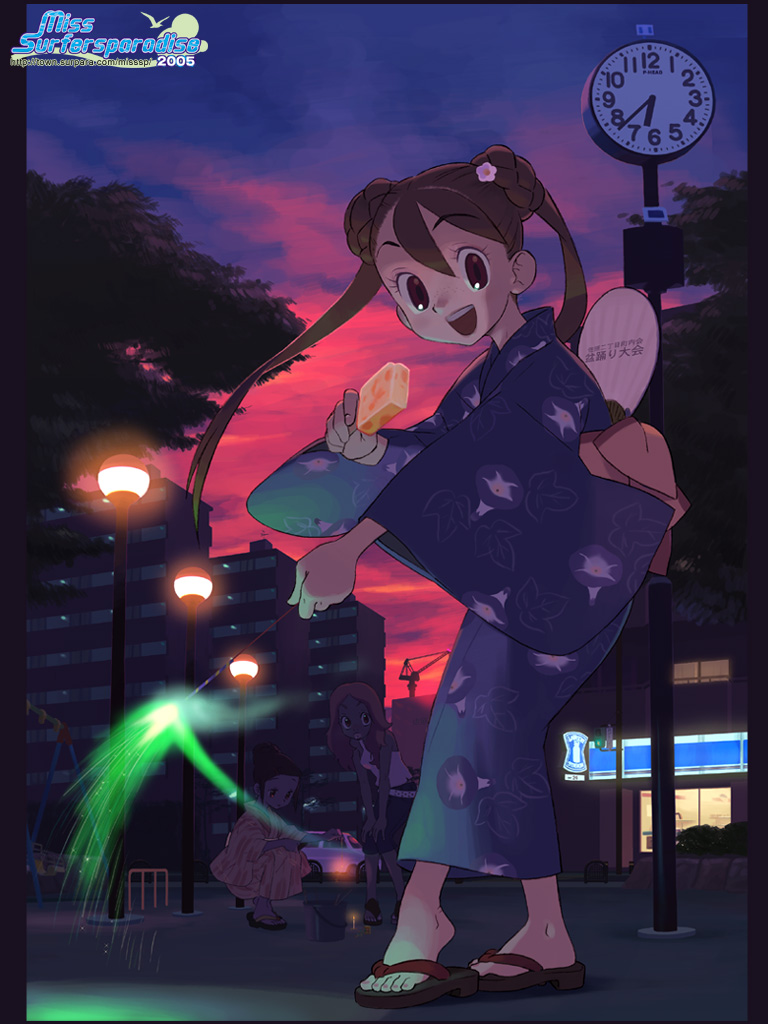 brown_hair, city, clock, fan, feet, fireworks, food, ice_cream