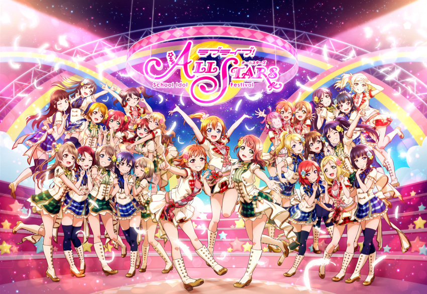 6+girls, :d, :p, ;p, \m/, ahoge, aqua_eyes, arm_grab