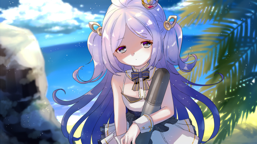 1girl, anyaaki, azur_lane, bangs, beach, black_bow, blue_eyes, blue_sky