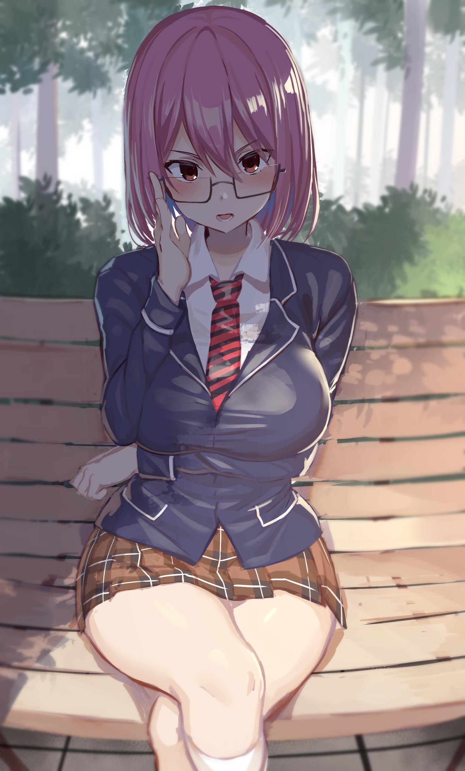 1girl, absurdres, adjusting_eyewear, arato_hisako, arm_under_breasts, bangs, bench, black-framed_eyewear