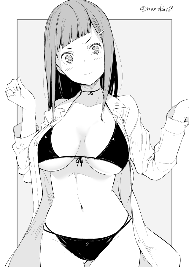 1girl, bangs, bikini, bikini_under_clothes, breasts, closed_mouth, collarbone, collared_shirt