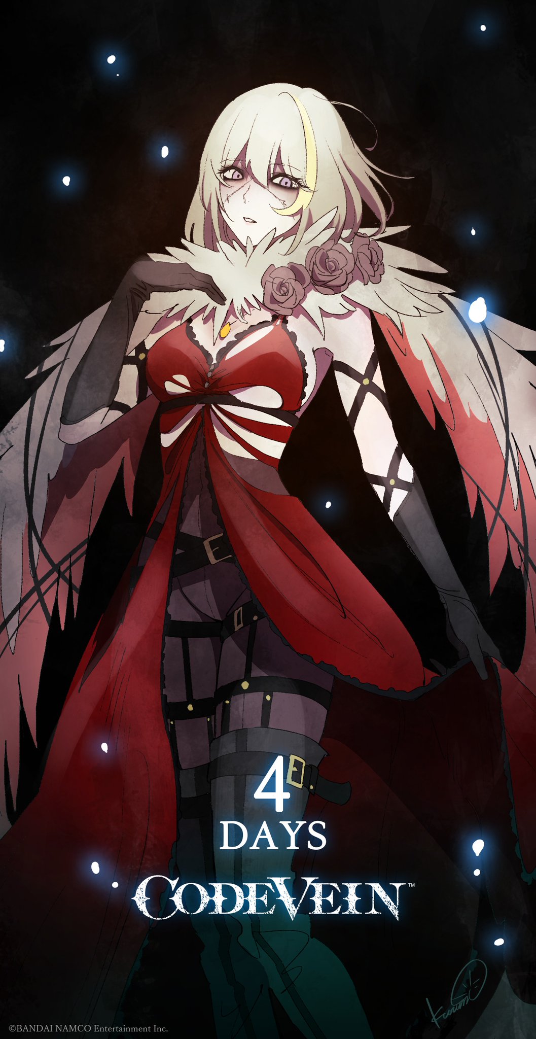 1girl, asymmetrical_clothes, bangs, belt, black_legwear, breasts, code_vein, eva_(code_vein)
