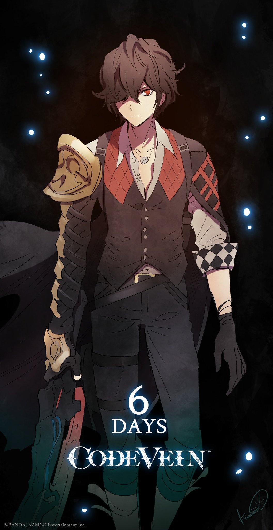 1boy, bangs, belt_buckle, black_hair, buckle, buttons, closed_mouth, code_vein