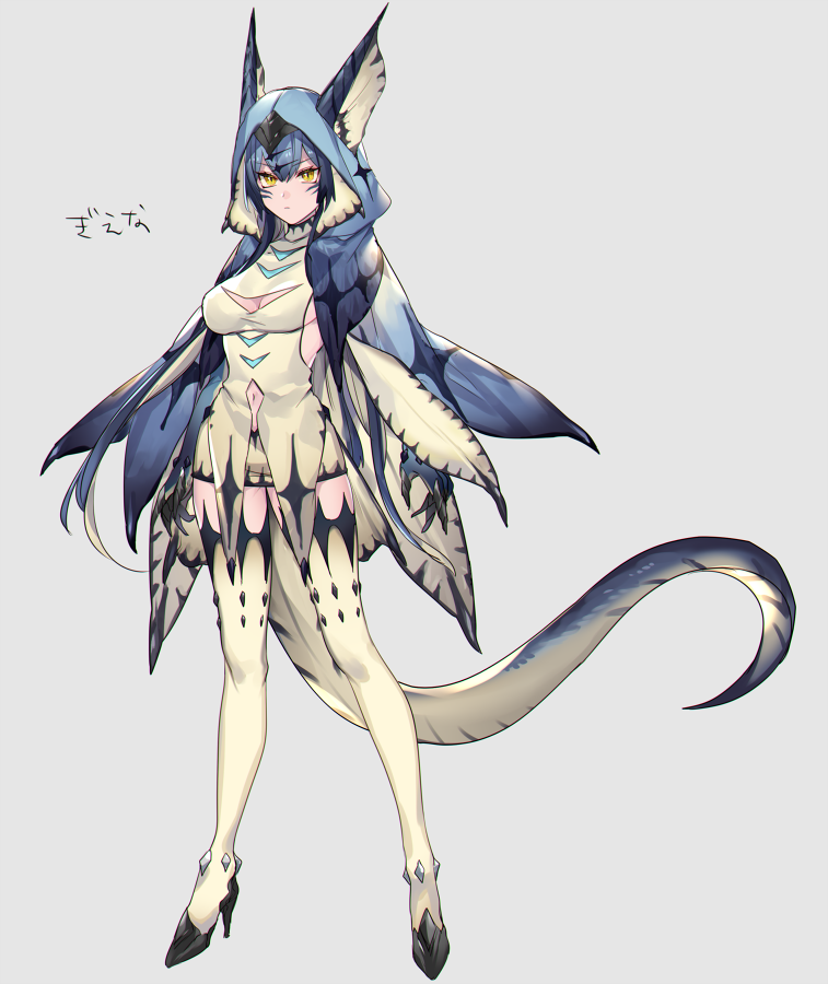 1girl, bangs, blue_cloak, blue_hair, breasts, cleavage_cutout, cloak, commentary, expressionless, full_body, grey_background, hair_between_eyes, high_heels, hood, hood_up, hooded_cloak, horns, horns_through_headwear, katagiri_hachigou, legiana, looking_at_viewer, medium_breasts, monster_girl, monster_hunter, navel, navel_cutout, personification, simple_background, slit_pupils, solo, tail, thigh-highs, translated, white_legwear, yellow_eyes