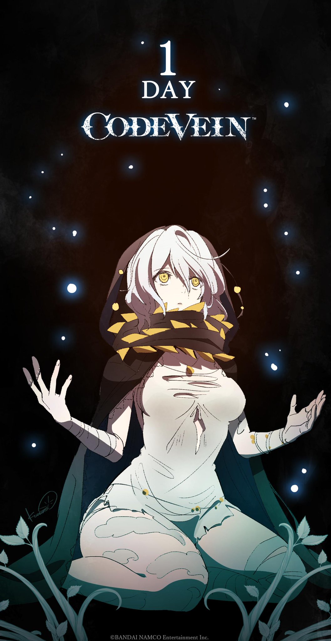 1girl, bandaged_arm, bandaged_leg, bandages, breasts, cape, code_vein, hair_between_eyes