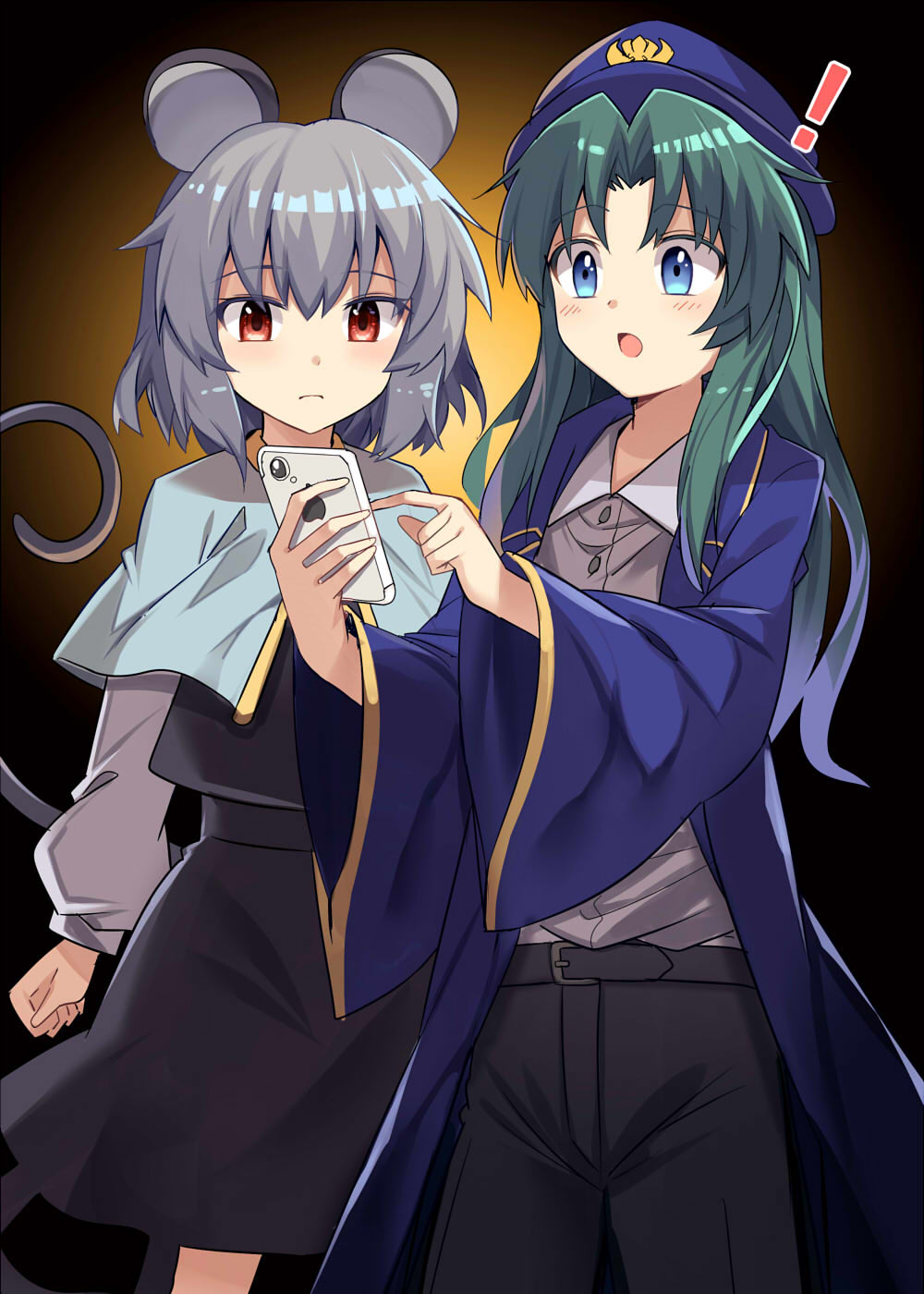 !, 2girls, :o, animal_ears, bangs, belt, beret, black_belt