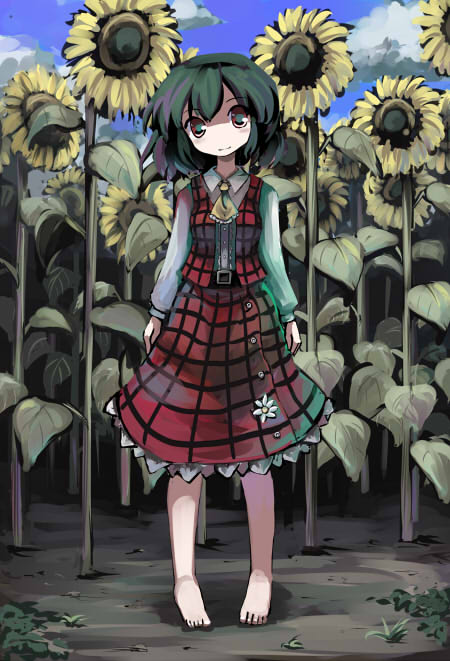 bad_feet, barefoot, cloud, clouds, flower, gatau, green_hair, kazami_yuuka