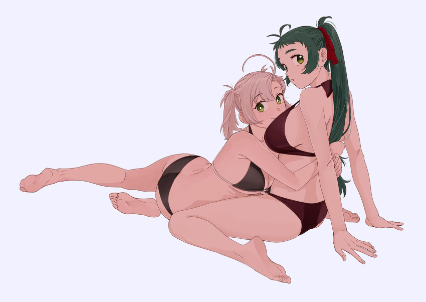 2girls, ahoge, alternate_costume, antenna_hair, arm_support, ass, bare_arms, bare_legs