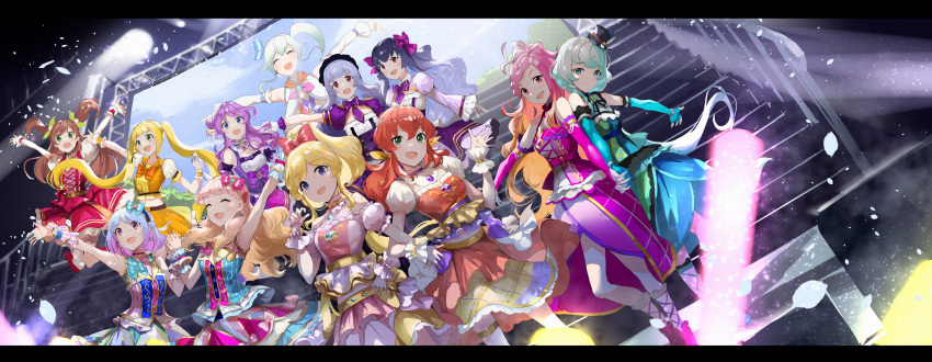6+girls, absurdres, aikatsu!_(series), aikatsu_friends!, alicia_charlotte, arm_up, asuka_mirai_(aikatsu_friends!), back-to-back