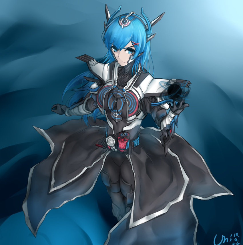 1girl, absurdres, alternate_costume, alternate_hair_length, alternate_hairstyle, armor, blue_background, blue_eyes, blue_hair, breasts, commentary_request, crossover, from_above, hair_ornament, highres, kamen_rider, kamen_rider_build_(series), kamen_rider_cross-z, kamen_rider_cross-z_(cosplay), long_hair, looking_at_viewer, magic, re:zero_kara_hajimeru_isekai_seikatsu, rem_(re:zero), solo, tagme, unique_(pixiv12704744), x_hair_ornament