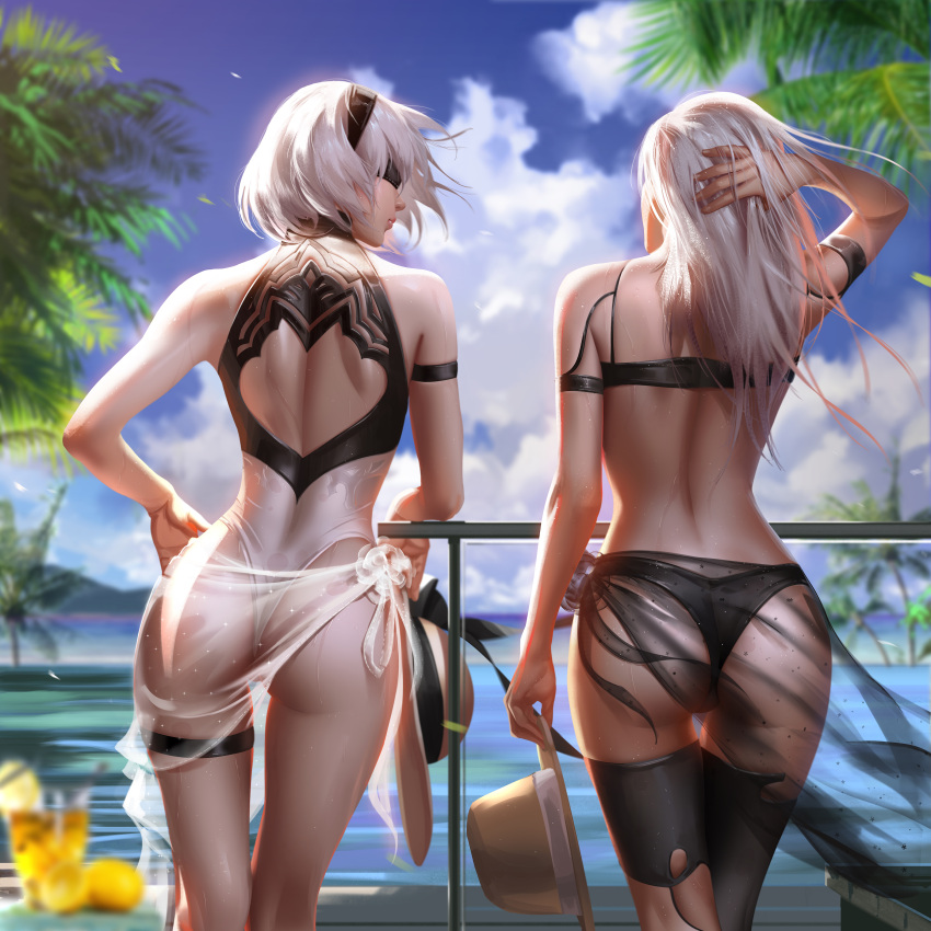 2girls, absurdres, arm_strap, ass, back, back_cutout, bare_shoulders, bikini, black_bikini, black_blindfold, black_hairband, black_sarong, black_swimsuit, blindfold, blue_sky, blurry, blurry_background, blurry_foreground, closed_mouth, clouds, cup, day, facing_another, floating_hair, hairband, hand_behind_head, hat, hat_removed, head_tilt, headwear_removed, highleg, highleg_swimsuit, highres, holding, holding_hat, leaning_on_rail, liang_xing, long_hair, multicolored, multicolored_clothes, multicolored_swimsuit, multiple_girls, nier_(series), nier_automata, outdoors, paid_reward, palm_tree, patreon_reward, poolside, sarong, see-through, short_hair, shoulder_blades, silver_hair, skindentation, sky, swimsuit, thigh_strap, tree, wet, white_hair, white_sarong, white_swimsuit, wind, yorha_no._2_type_b, yorha_type_a_no._2