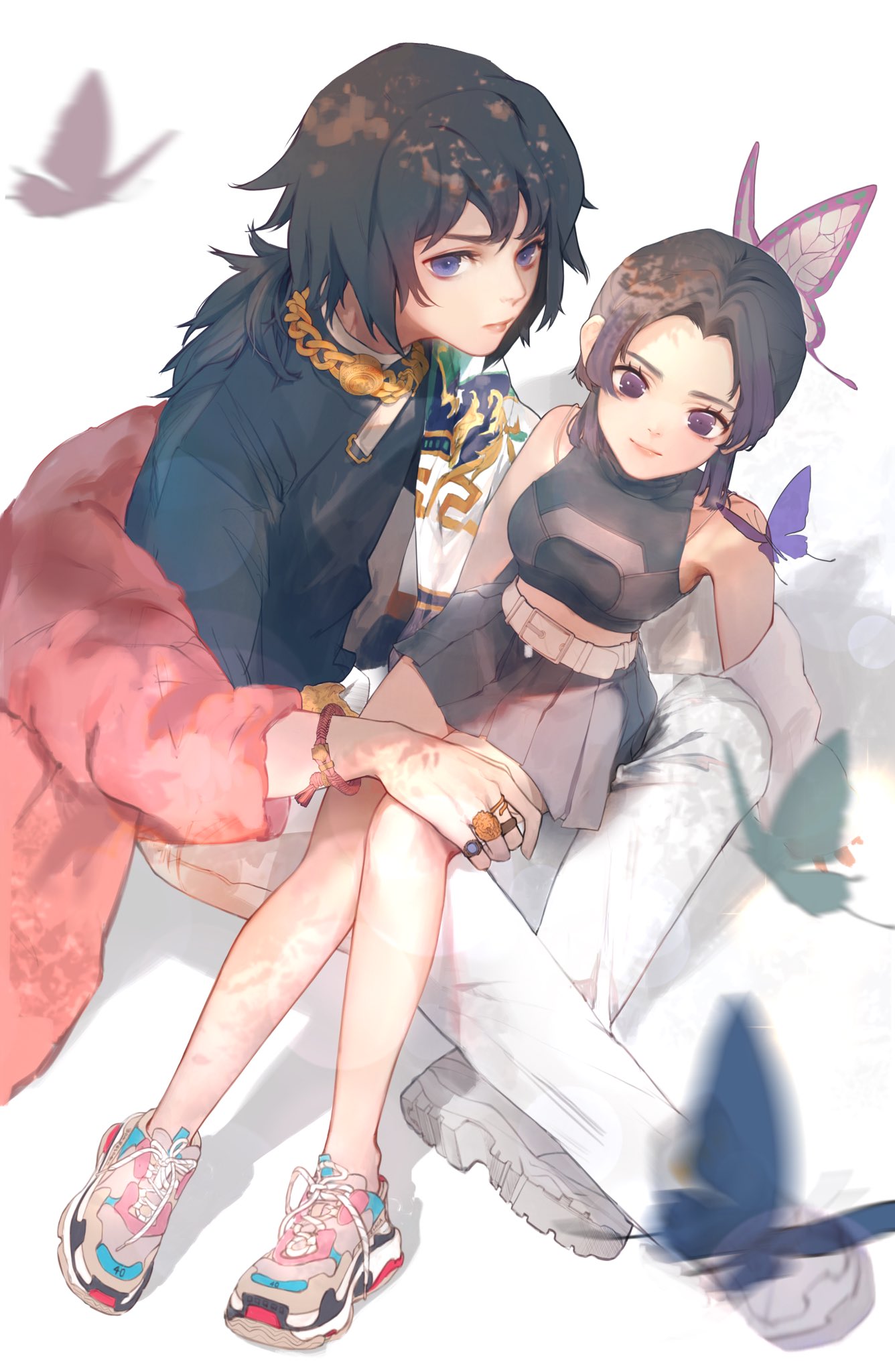 1boy, 1girl, animal_print, bangs, blue_butterfly, bug, butterfly, butterfly_hair_ornament, butterfly_print, couple, flower, fuwaffy, gloves, hair_ornament, highres, insect, kimetsu_no_yaiba, kochou_shinobu, long_hair, looking_at_viewer, navel, parted_bangs, simple_background, skirt, tomioka_giyuu, wisteria